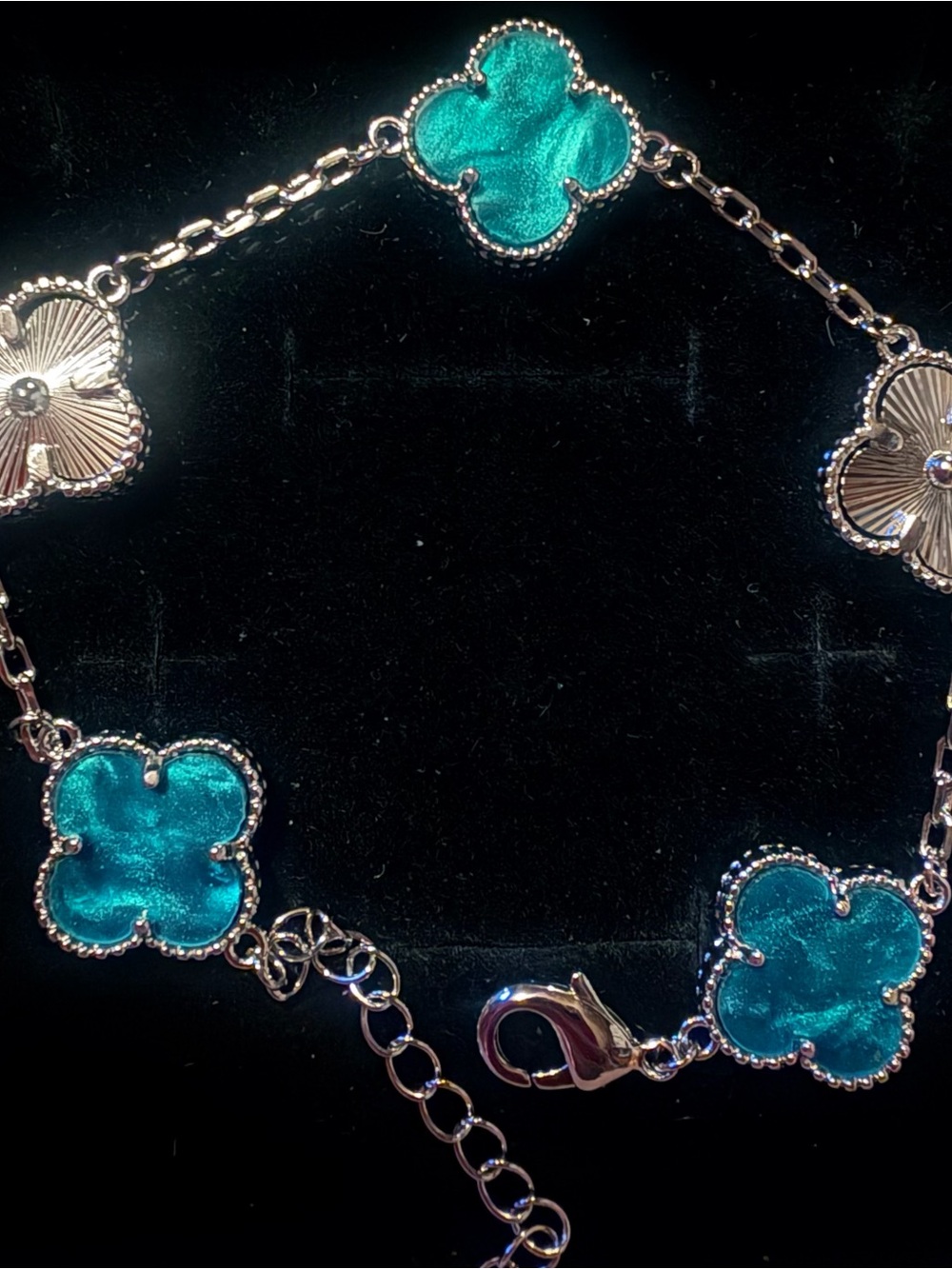 Silver 5-Motif Teal & Guilloche Clover Bracelet